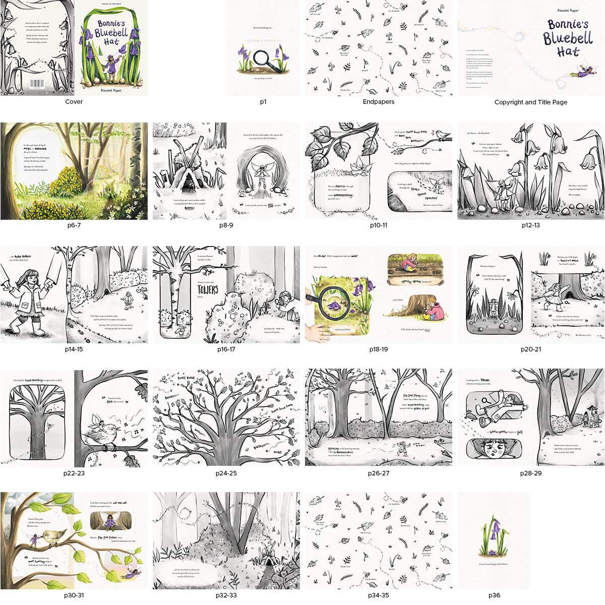 A storyboard showing the pages of the children's book 'Bonnie's Bluebell Hat'.