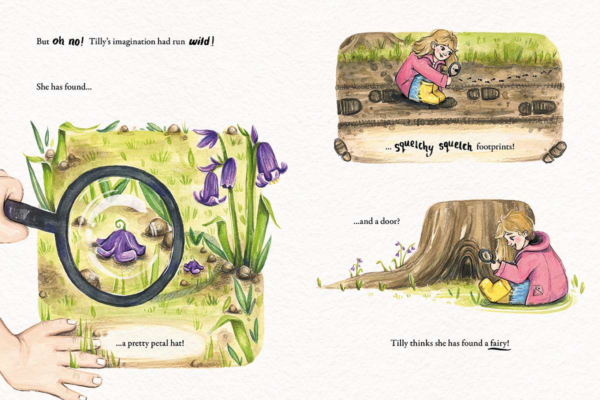 A spread with 3 spot illustrations. 1 - shows a magnifying glass in front of a petal hat. 2 - shows a young child on a path looking at tiny fairy footprints. 3- a child looking at a tree trunk that looks as though there is door.