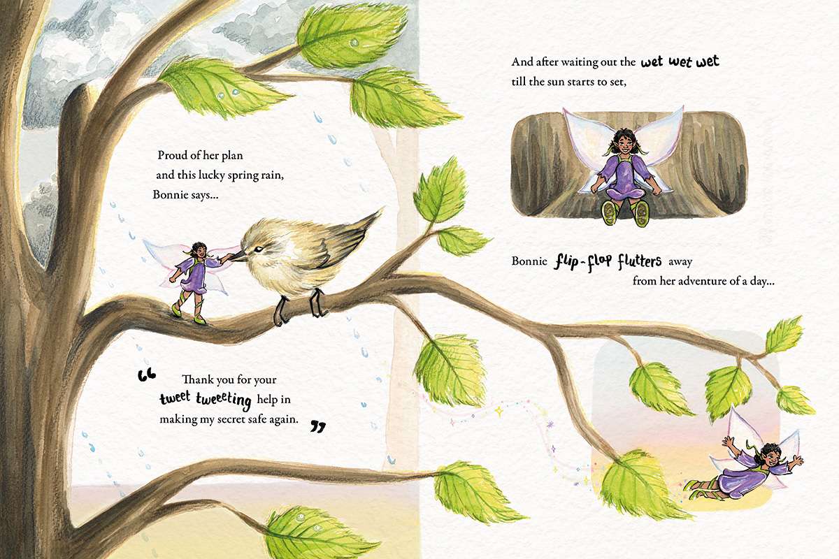 On the left of the spread there is a full page illustration of Bonnie the fairy thanking a small bird, both perched on a branch. On the right are two spot illustrations. 1 - the fairy sitting on. the branch waiting for the rain to stop. 2 - the fairy flying away when the rain stops and the sun sets.