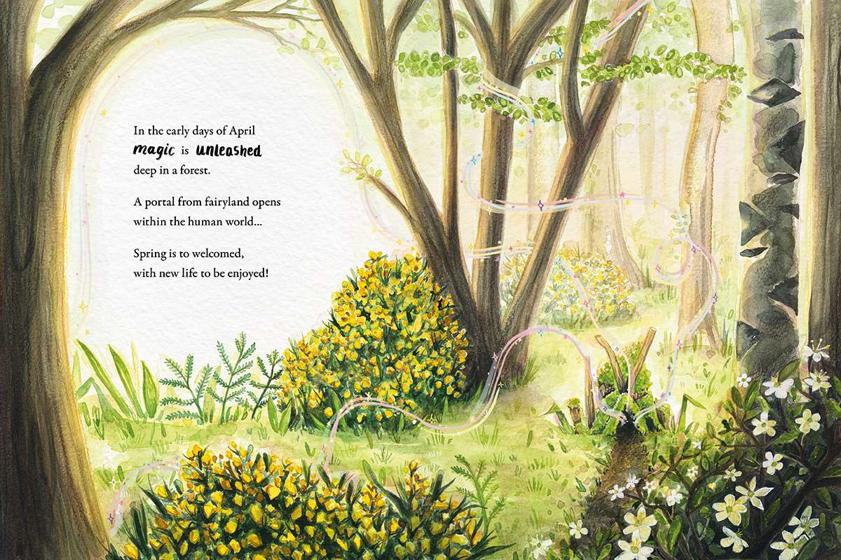 A double-page spread with an illustration of a forest. A tree-stump is shown with magic swirls coming from it to represent it being a portal from fairyland.
