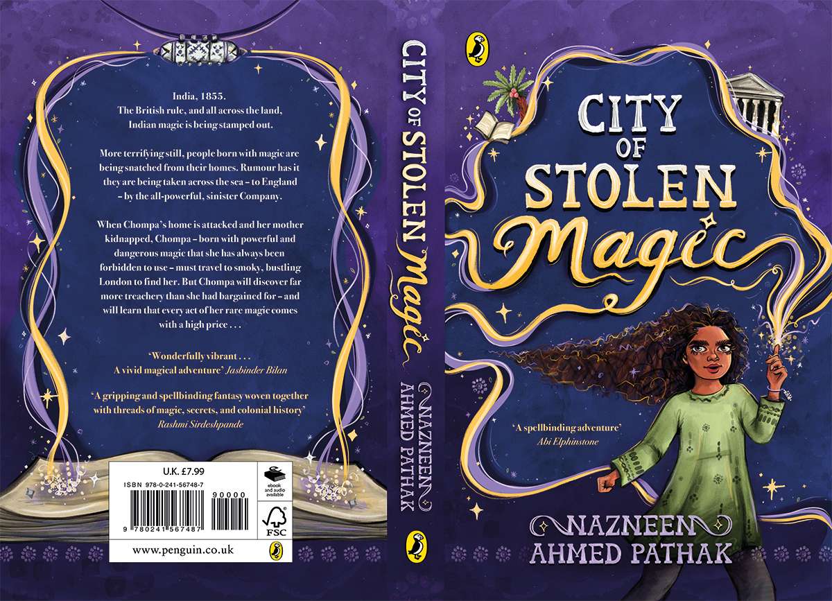 A finished book cover design. The back on the left, spine in the middle and front on the right. On the back there is the blurb, a magic spellbook and a taviz (magical locket). On the spine is the title 'City of Stolen Magic', author name 'Nazneen Ahmed Pathak' and Penguin logo. On the front is the title, author name, logo and the illustration includes the main character, a palm tree, spellbook and The British Museum.
