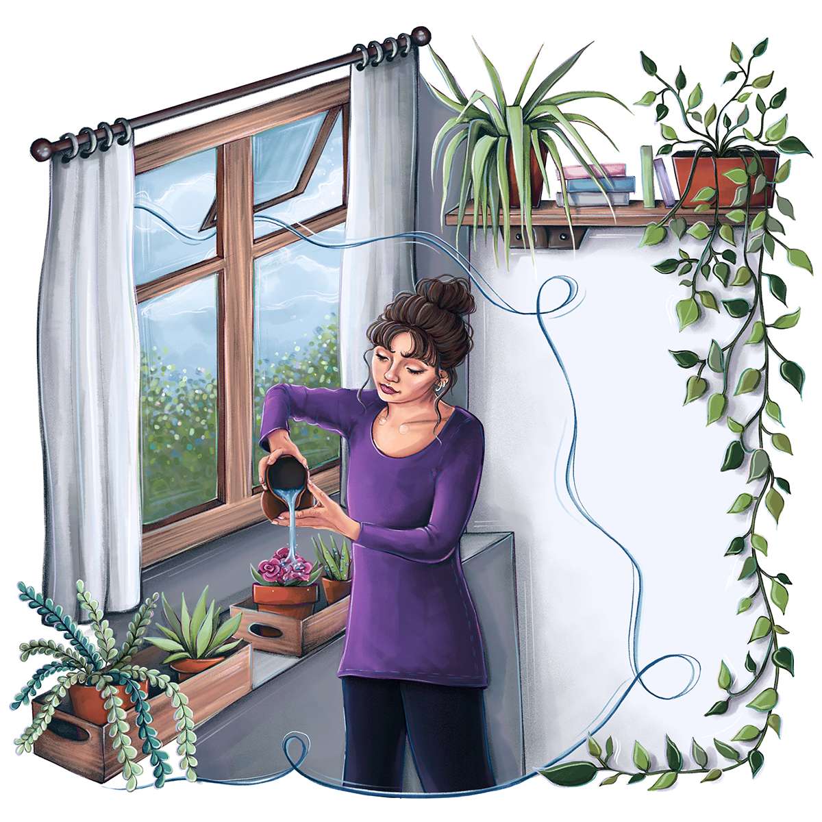 An illustration showing a woman watering some flowers in the corner of a room, plants surrounding her, and an open window letting in fresh air.