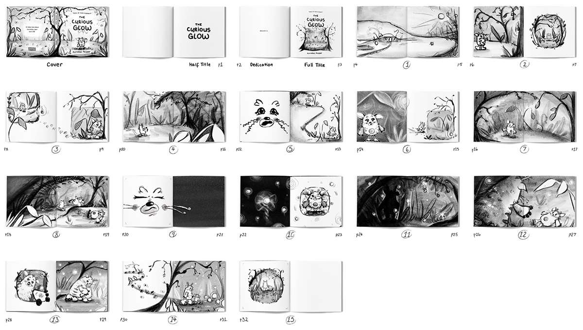 A storyboard showing the pages of the children's book 'The Curious Glow'.