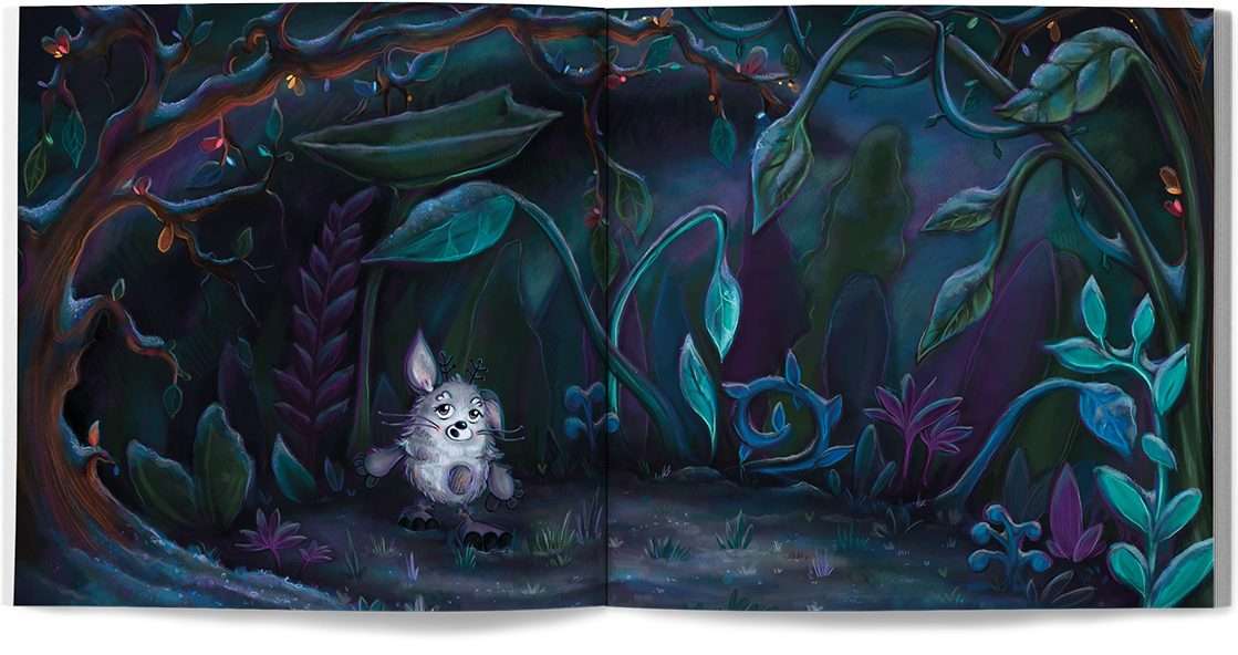 A mockup of an open book displaying the final artwork of a spread. The illustration shows a small creature deep in a forest, with a shadow looming over them.