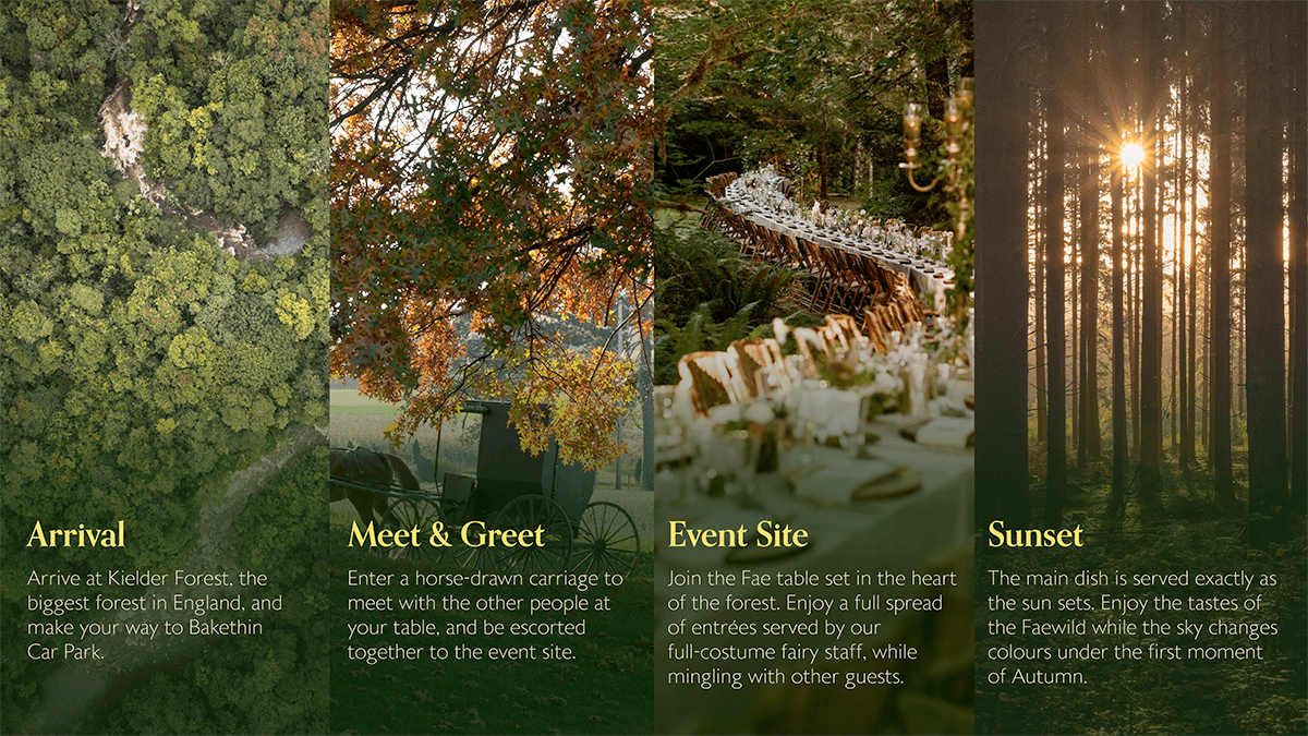Four images side by side, with a dark green gradient with gold text at the bottom. The first image shows an aerial view of a forest, and the text reads "Arrival: Arrive at Kielder Forest, the biggest forest in England, and make your way to Bakethin Car Park."
The second image shows a horse-drawn carriage under autumn-coloured trees. The text reads "Meet and Greet: Enter a horse-drawn carriage to meet with the other people at your table, and be escorted together to the event site."
The third image shows a winding table set in the forest. The text reads "Event Site: Join the Fae table set in the heart of the forest. Enjoy a full spread of entrées served by our full-costume fairy staff, while mingling with other guests."
The fourth image shows the sunset hanging low behind the tied branches of a forest. Text reads "Sunset: The main dish is served exactly as the sun sets. Enjoy the tastes of the Faewild while the sky changes colours under the first moment of Autumn."