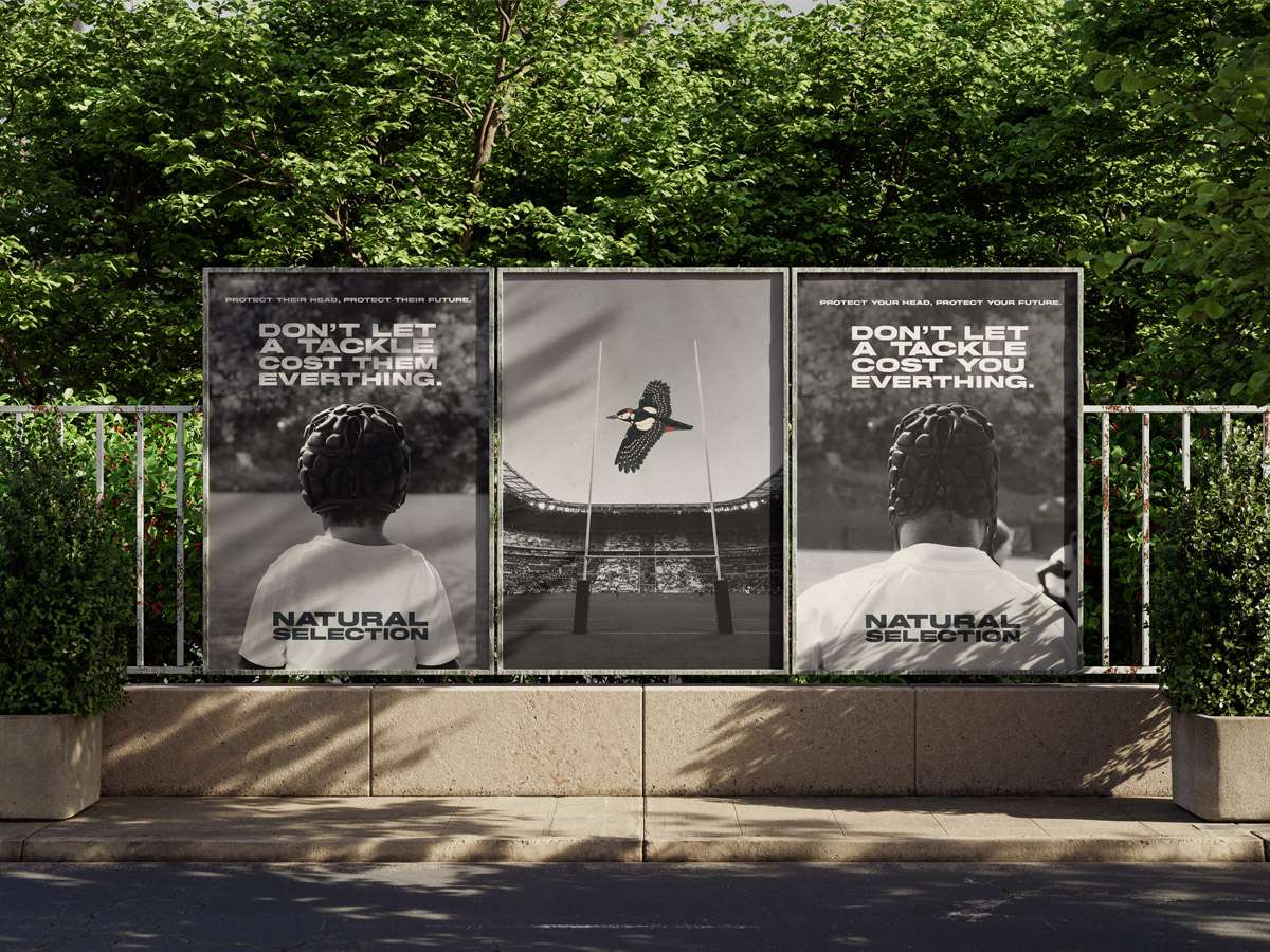 An image showcasing a series of posters promoting a rugby headgear product. The text on the posters read "Don't let a tackle cost you everything."