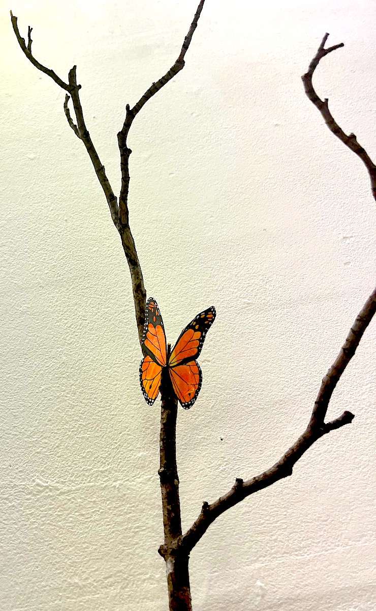 A handmade butterfly on a branch.