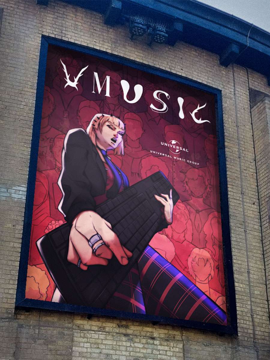A mockup of a poster design featured on the exterior of The London Roundhouse, depicting an office worker playing a computer keyboard as a guitar.
