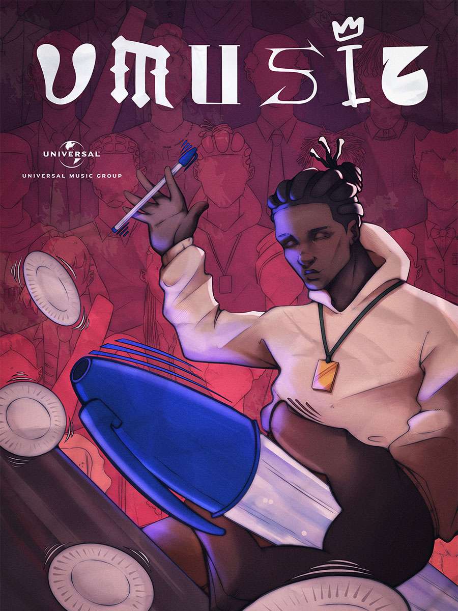 A poster design featuring a man in formal casual clothing using office pens to play the drums.