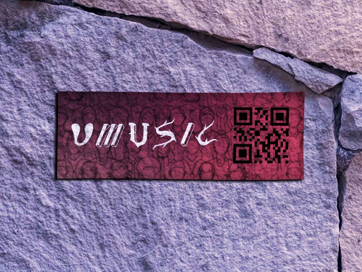 A sticker design featuring typography that says "UMusic" as well as a QR-Code. The background is an illustrated gradient design.