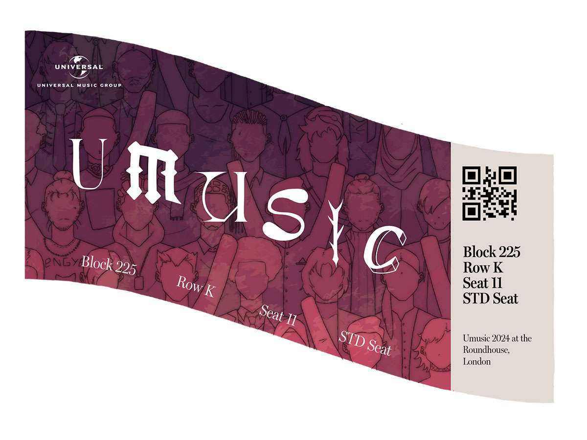 A design concept showing a wavy ticket featuring typography that says "UMusic" as well as an illustrated gradient background, and other features such as the universal logo, a QR code and other seating information.
