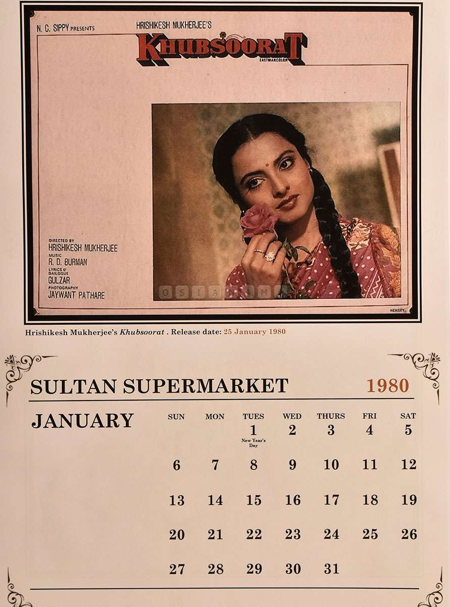 Custom designed calendar featuring 1980s Bollywood movies