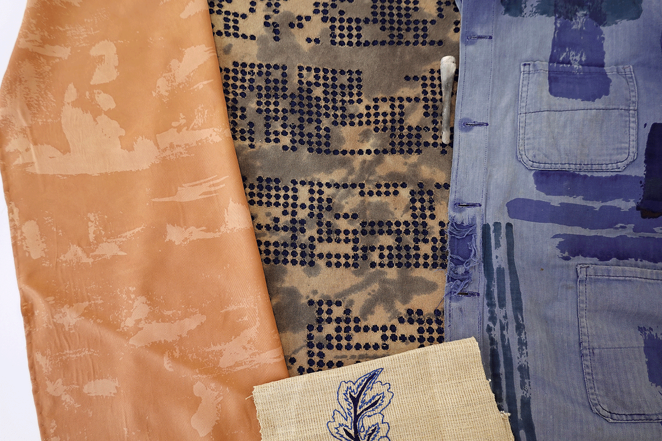 Screen printed silk, jacquard card, screen printed workwear jacket, hand embroidery william morris