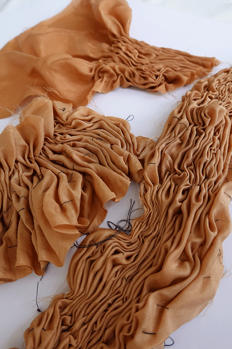 Hand gathered natural dyed silk habotai