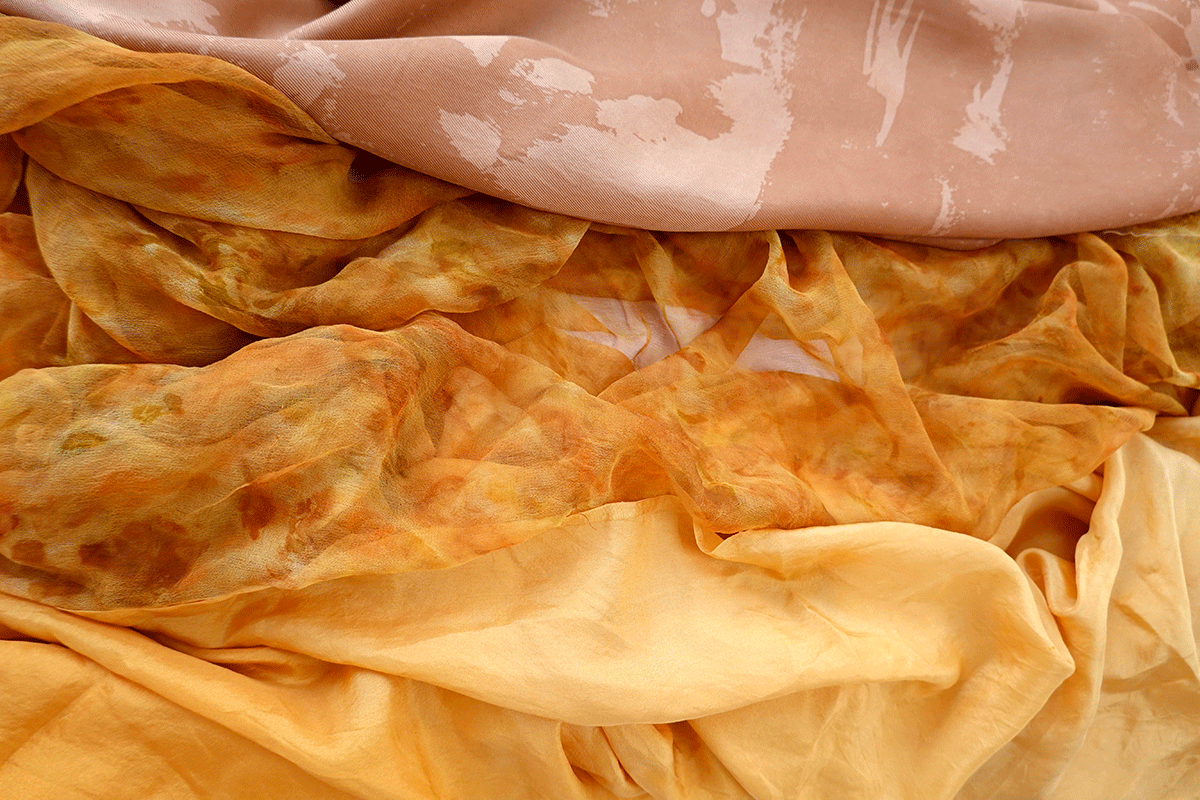 A collection natural dyed fabrics. Gradient, screen print and bundle dyed.